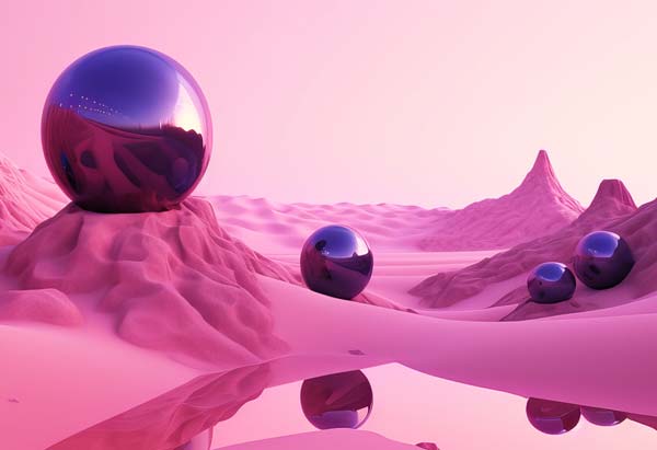 Desert de sable rose et bulles mauve sur le sable